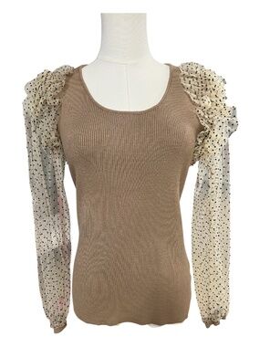 NWT Eesome Tan Ribbed Knit Polka Dot Tulle Sleeve Top | Size L